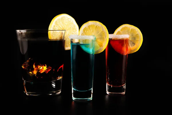 Mixed Drinks Shot Glasses Prepared Bartender Black Background Party Night — Stock Photo, Image