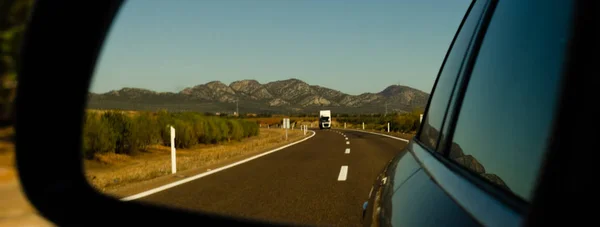 View Car Mirror Fast Road Spain Beautiful Landscape Transportation — Stock Photo, Image