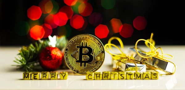 Kripto Döviz altın Bitcoin, Btc, Bitcoin makro çekim Noel arka planda, bitcoin incelemesi kavramı paralar.