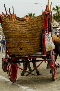 Almayate, İspanya - 21 Nisan 2018 sürücü öküz arabası, carters ile öküz, profesyonel çalışma ile yeteneği sunumunu dayalı geleneksel Endülüs Yarışması olay