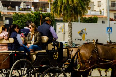 Almayate, İspanya - 22 Nisan 2018 sürücü at arabası, atları ile carters profesyonel çalışma ile yeteneği sunumunu dayalı geleneksel Endülüs Yarışması