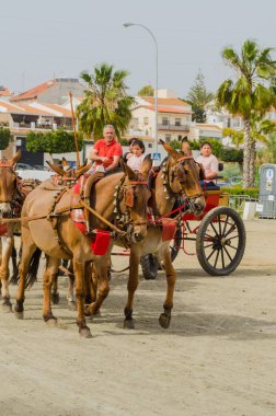 Almayate, İspanya - 22 Nisan 2018 sürücü at arabası, atları ile carters profesyonel çalışma ile yeteneği sunumunu dayalı geleneksel Endülüs Yarışması