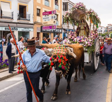 Velez Malaga, İspanya - 19 Mayıs 2018 insanlar kutlamaları nedeniyle İspanya Kutsal şekilde aktarma Katolik törenine katılan