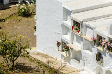 Sayalonga, İspanya - 06 Mayıs 2018 duvardaki İspanyol gömüldüğü yer, Endülüs, Hıristiyanlık bölgede tipik mezar karakteristik