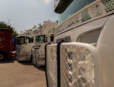 Torrox, İspanya - 22 Temmuz 2018 göster: ziyaretçiler, traktör birimlerinin güçlü makineleri bir Endülüs kasaba meydanında toplandı