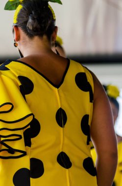 Torre Del Mar, İspanya - Latin dans dans grup tarafından İspanyol müzik, ritim 22 Temmuz 2018 göstermek gençlik halk kostümleri seyirci önünde dans gösterisi gerçekleştirme