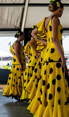 Torre Del Mar, İspanya - Latin dans dans grup tarafından İspanyol müzik, ritim 22 Temmuz 2018 göstermek gençlik halk kostümleri seyirci önünde dans gösterisi gerçekleştirme