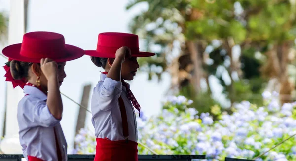 Torre Del Mar, İspanya - 22 Temmuz 2018 Latin dans gösterisi bir dans grubu tarafından İspanyol müzik, ritim içinde gerçekleştirilen çocuk halk kostümleri seyirci önünde dans gösterisi gerçekleştirme