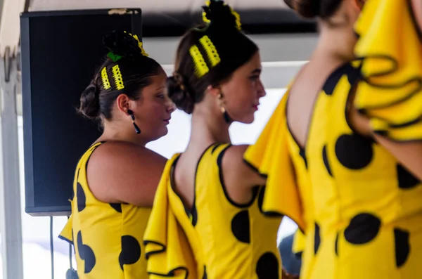 Torre Del Mar, İspanya - Latin dans dans grup tarafından İspanyol müzik, ritim 22 Temmuz 2018 göstermek gençlik halk kostümleri seyirci önünde dans gösterisi gerçekleştirme