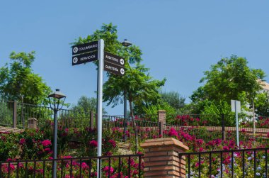 Velez Malaga, İspanya - 24 Ağustos 2018 bitkiler ve ağaçlar bir İspanyol city park, Güney İspanya'nın karakteristik mimarisi