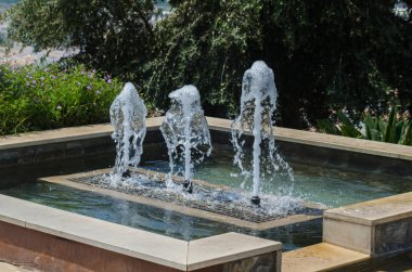 Velez Malaga, İspanya - 24 Ağustos 2018 bitkiler ve ağaçlar bir İspanyol city park, Güney İspanya'nın karakteristik mimarisi