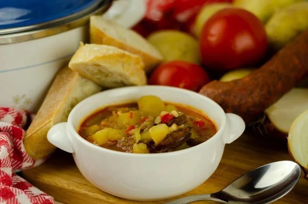 Traditional Hungarian Goulash Beef Potatoes Tomatoes Peppers Tasty Dish White — Stock Photo, Image