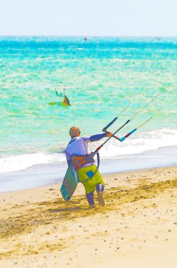 Kitesurfing İspanya, sulu boya boyalı, aktif spor denizin dalgaları üzerinde
