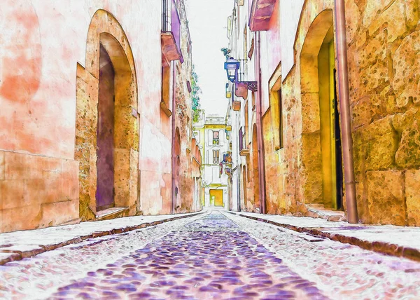 boyalı, resimde güzel dar sokakta eski şehir İspanya'nın, suluboya