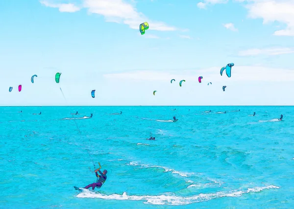 Kitesurfen Auf Den Wellen Des Meeres Spanien Aquarell Gemalt Aktiver — Stockfoto