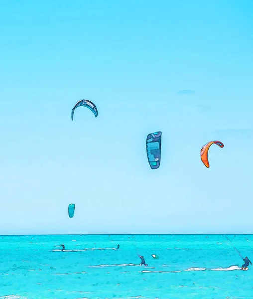 Kitesurfing on the waves of the sea in Spain, watercolor painted, active sport