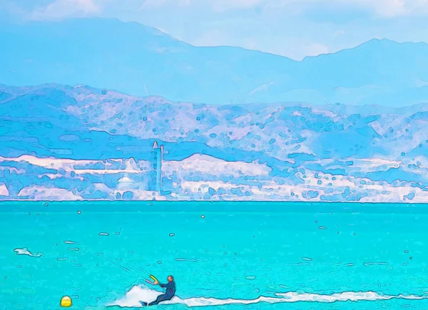 Kitesurf Sulle Onde Del Mare Spagna Acquerello Dipinto Sport Attivo — Foto Stock