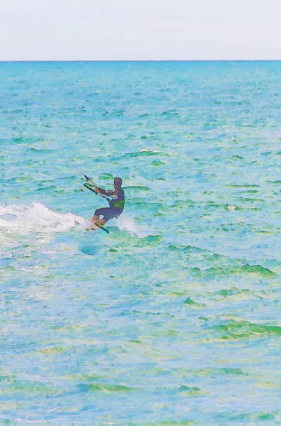 スペイン 水彩塗り アクティブなスポーツで海の波でカイト サーフィン — ストック写真