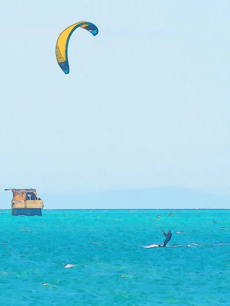 Kitesurfen Auf Den Wellen Des Meeres Spanien Aquarell Gemalt Aktiver — Stockfoto