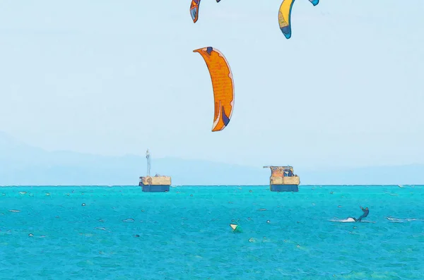 Kitesurf Sulle Onde Del Mare Spagna Acquerello Dipinto Sport Attivo — Foto Stock