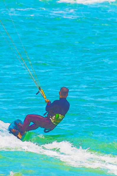 Kitesurfing Fale Morza Hiszpanii Akwarela Malowane Aktywny Sport — Zdjęcie stockowe