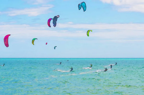 Kitesurf Nas Ondas Mar Espanha Aquarela Pintada Esporte Ativo — Fotografia de Stock