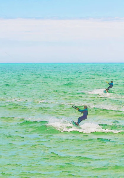 Kitesurf Sulle Onde Del Mare Spagna Acquerello Dipinto Sport Attivo — Foto Stock