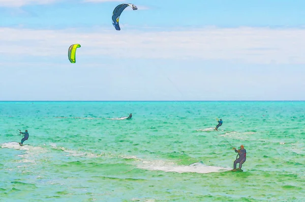 Kitesurfen Auf Den Wellen Des Meeres Spanien Aquarell Gemalt Aktiver — Stockfoto