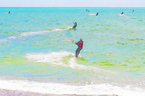 Kitesurf Nas Ondas Mar Espanha Aquarela Pintada Esporte Ativo — Fotografia de Stock