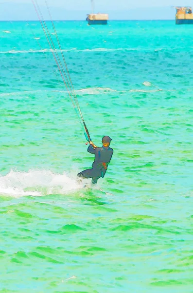 Kitesurf Nas Ondas Mar Espanha Aquarela Pintada Esporte Ativo — Fotografia de Stock