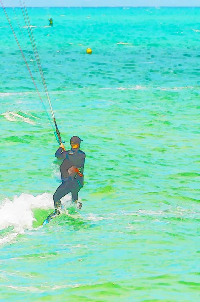 Kitesurfing Spanya Sulu Boya Boyalı Aktif Spor Denizin Dalgaları Üzerinde — Stok fotoğraf