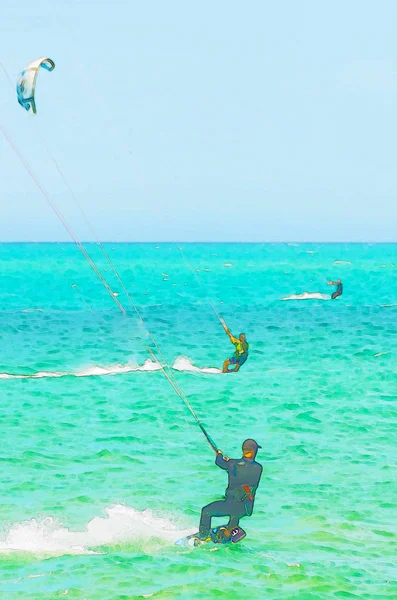 Hullámok Tenger Spanyolországban Akvarell Festett Aktív Sport Kitesurfing — Stock Fotó