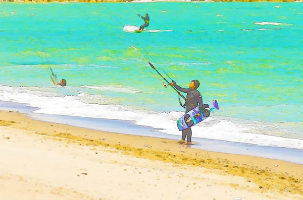 スペイン 水彩塗り アクティブなスポーツで海の波でカイト サーフィン — ストック写真