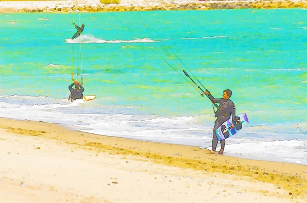 Kitesurfing Fale Morza Hiszpanii Akwarela Malowane Aktywny Sport — Zdjęcie stockowe