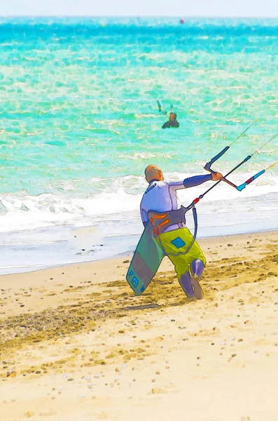 Hullámok Tenger Spanyolországban Akvarell Festett Aktív Sport Kitesurfing — Stock Fotó