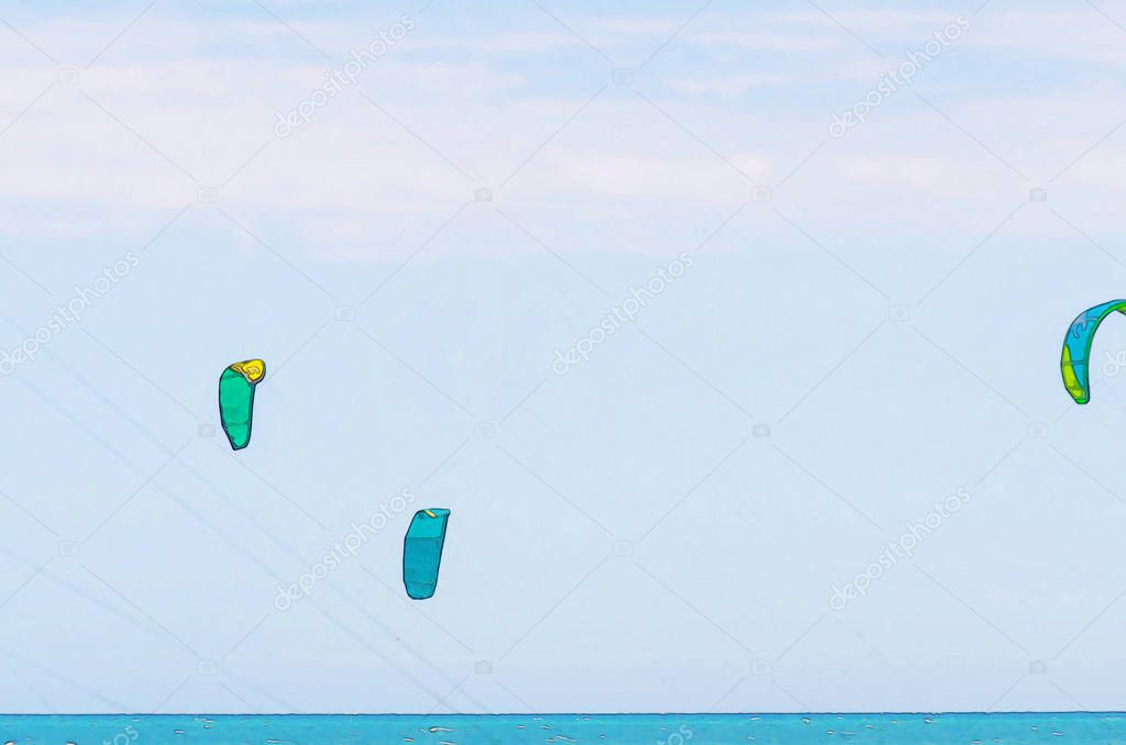 Kitesurfing on the waves of the sea in Spain, watercolor painted, active sport