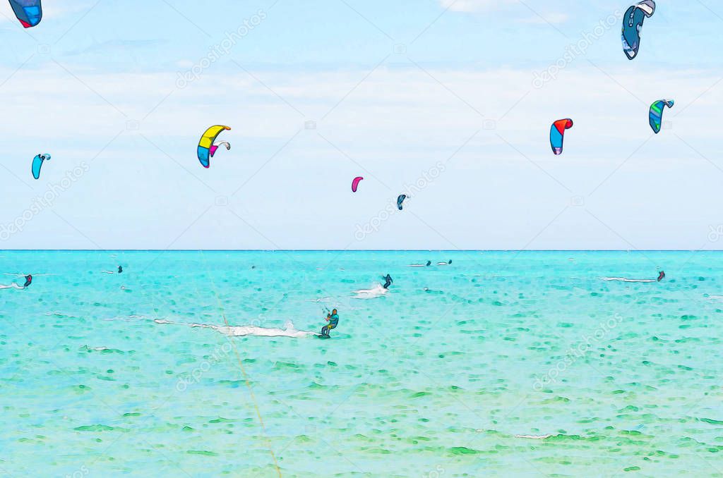 Kitesurfing on the waves of the sea in Spain, watercolor painted, active sport