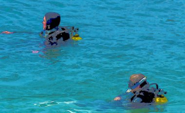 İllüstrasyon dalgıç wetsuits mavi su İspanyol Bay, sulu boya, boya