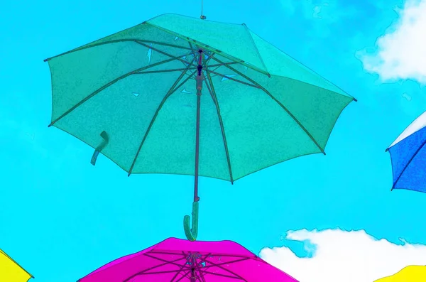 Parapluies Colorés Décoration Urbaine Rue Parapluies Suspendus Colorés Sur Ciel — Photo