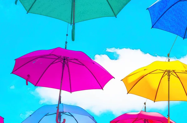 Красочные Зонтики Украшения Городских Улиц Развешивая Красочные Зонтики Над Голубым — стоковое фото