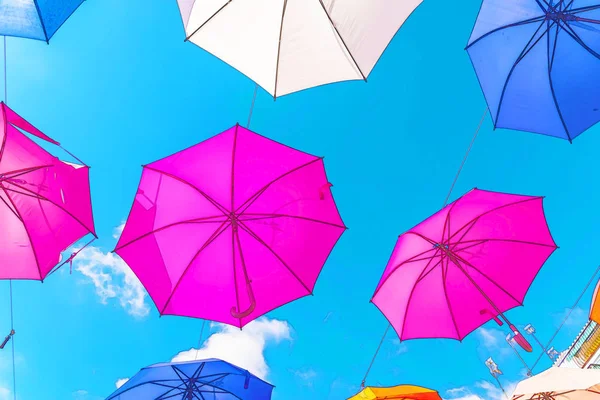 Colourful Umbrellas Urban Street Decoration Hanging Colorful Umbrellas Blue Sky — Stock Photo, Image