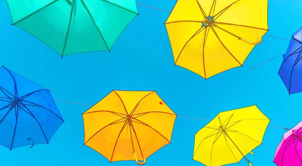 Colourful Umbrellas Urban Street Decoration Hanging Colorful Umbrellas Blue Sky — Stock Photo, Image