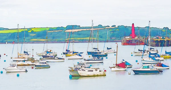 Aquarela Pintura Retratando Iates Ancorados Barcos Uma Pequena Baía Ilustração — Fotografia de Stock