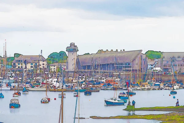 Aquarel Beeltenis Verankerd Jachten Boten Een Kleine Baai Illustratie — Stockfoto