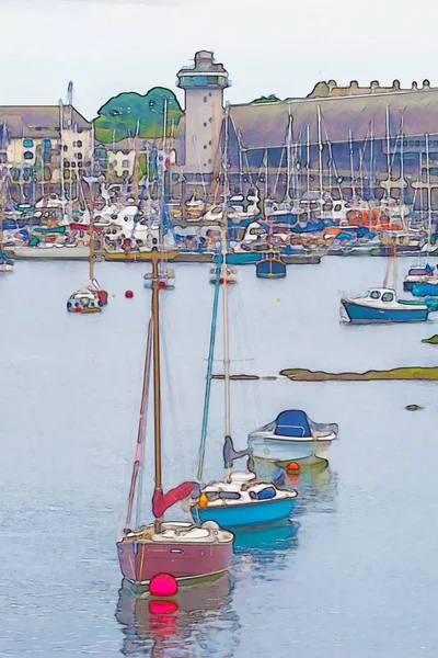 Aquarell Gemälde Das Verankerte Yachten Und Boote Einer Kleinen Bucht — Stockfoto