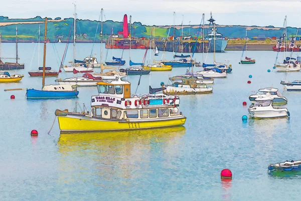 Aquarell Gemälde Das Verankerte Yachten Und Boote Einer Kleinen Bucht — Stockfoto