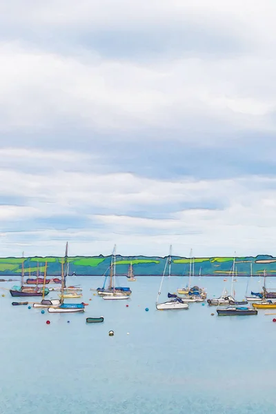 Aquarell Gemälde Das Verankerte Yachten Und Boote Einer Kleinen Bucht — Stockfoto