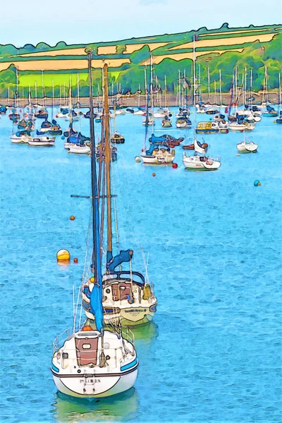 水彩画描绘锚定游艇和船只在一个小海湾 — 图库照片