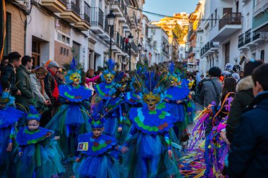 Velez Malaga, İspanya-3 Şubat 2018 A renkli karnaval geçit Andalusia küçük bir kasaba sakinleri tarafından düzenlenen