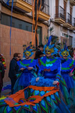 Velez Malaga, İspanya-3 Şubat 2018 A renkli karnaval geçit Andalusia küçük bir kasaba sakinleri tarafından düzenlenen